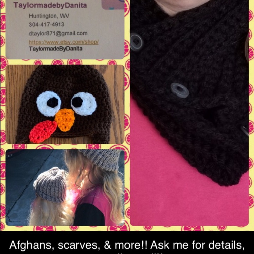Afghans, infinity scarves, ear warmers, & more!!